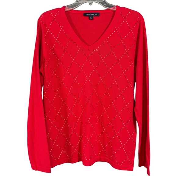 Tommy Hilfiger Red Studded V-Neck Sweater | 100% Cotton L - Picture 1 of 7